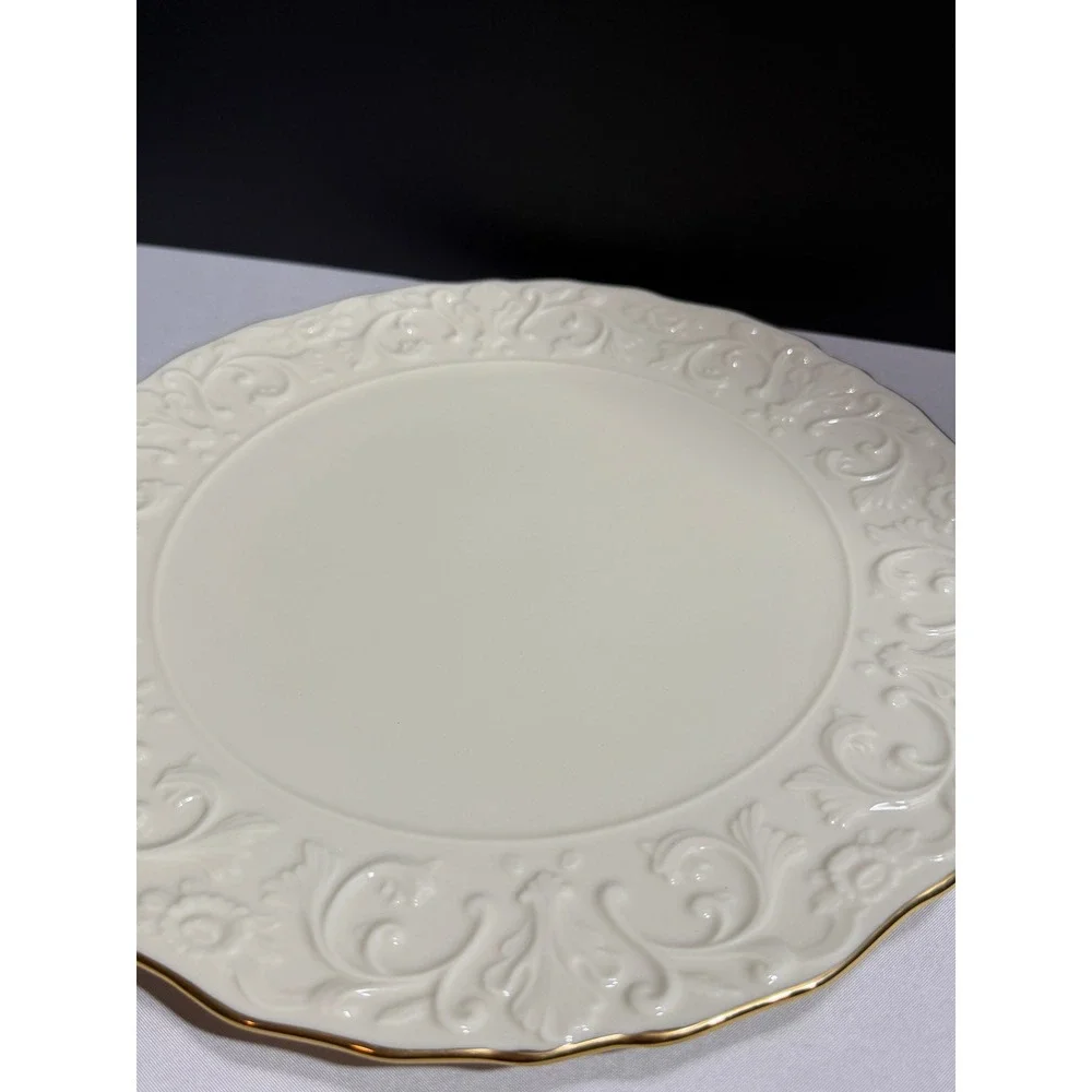 Lenox Georgian Cake Plate Cream Embossed Floral Gold Trim Scalloped 11.5